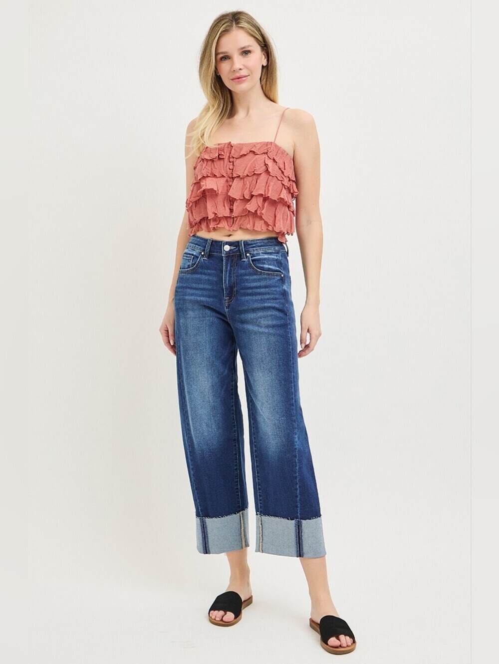 RISEN Dark Wash Slouchy Cuffed Barrel Jeans Stretch Relaxed Various Plus NEW